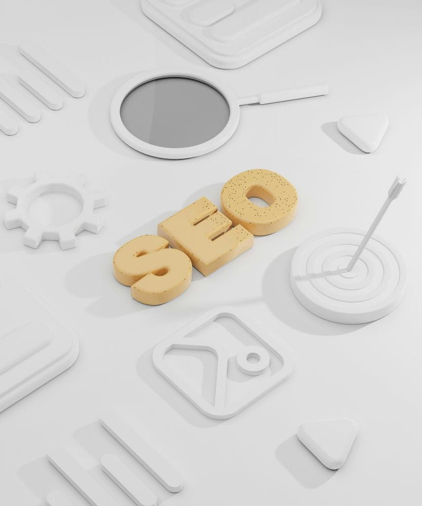 White picture with the word SEO spelled in yellow
