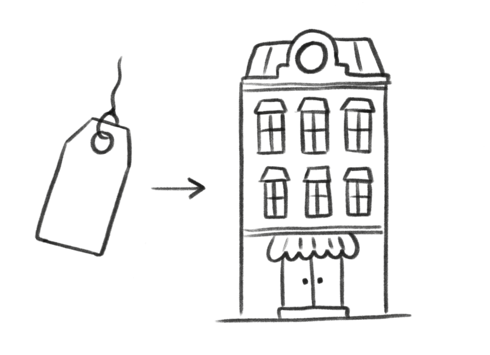 doodle of a label with an arrow pointing to a hotel
