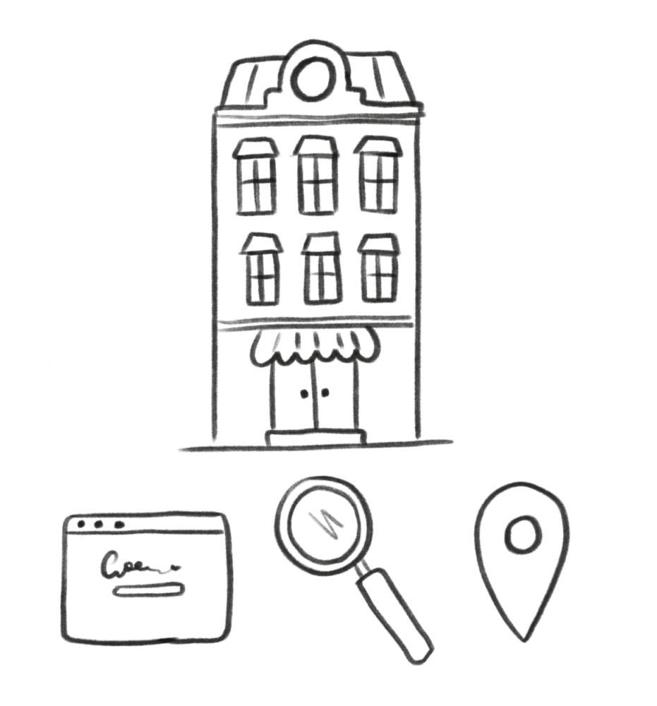 doodle of a hotel with a pin, search engine result and magnifying glass underneath