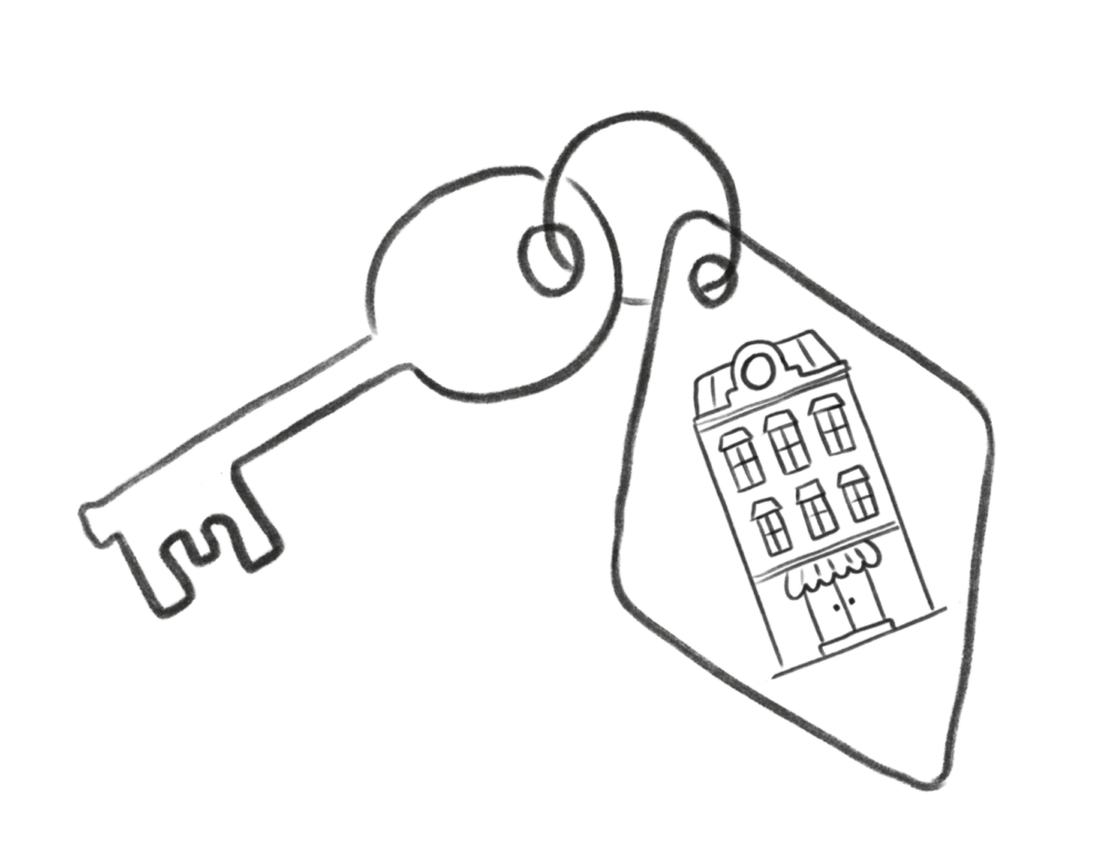 doodle of a key with a tag with a hotel on it